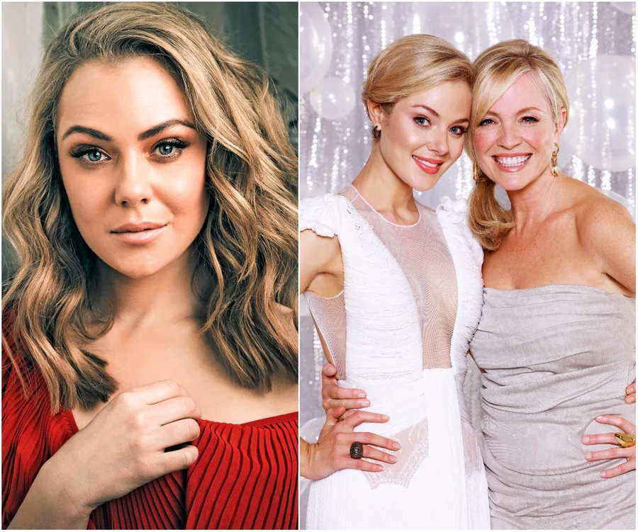 Portrait of a woman in a red dress; two women posing together, one in white and the other in gray, smiling at an event.
