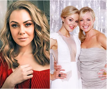 Portrait of a woman in a red dress; two women posing together, one in white and the other in gray, smiling at an event.