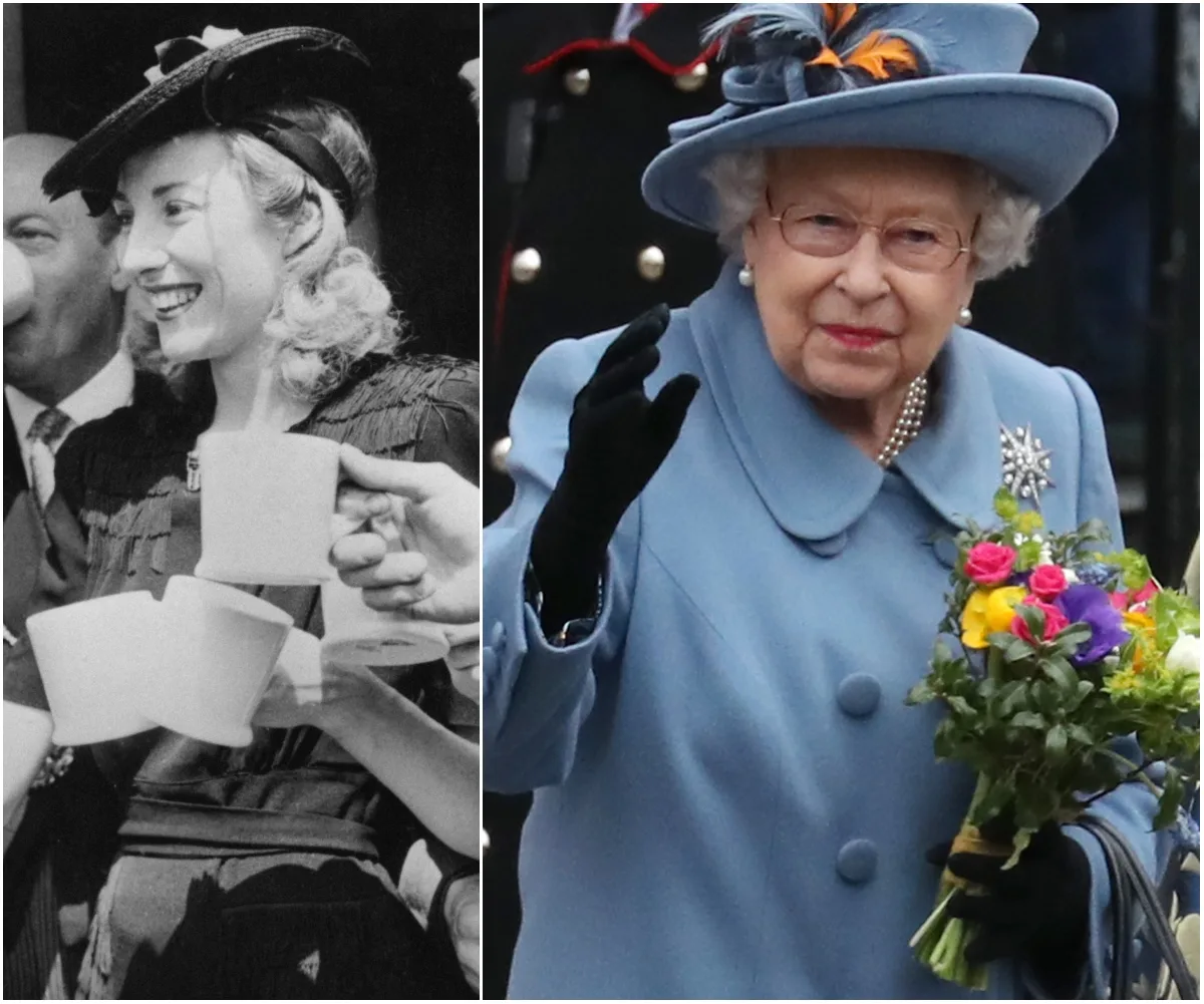 "Black and white image of a woman holding a teacup, and a woman in blue coat holding flowers and waving."