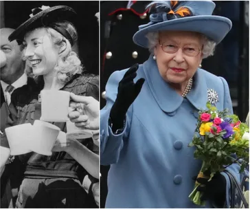 "Black and white image of a woman holding a teacup, and a woman in blue coat holding flowers and waving."