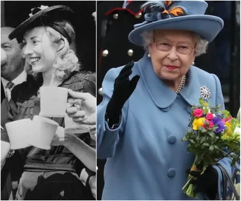 "Black and white image of a woman holding a teacup, and a woman in blue coat holding flowers and waving."