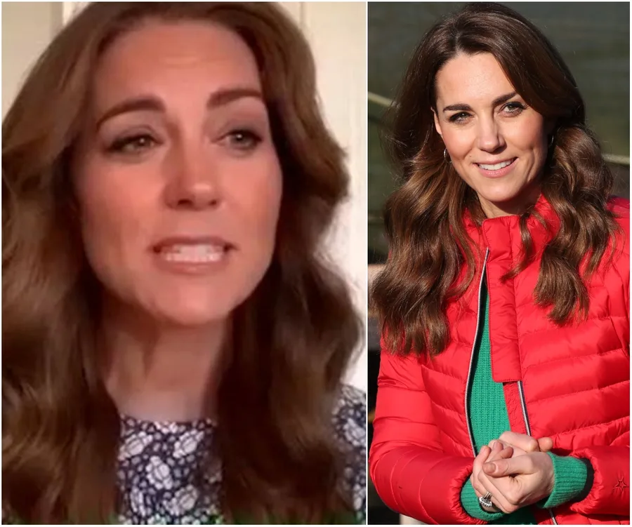 Two side-by-side images of a woman with long brown hair, wearing a patterned top and a red coat.