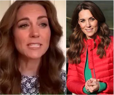 Two side-by-side images of a woman with long brown hair, wearing a patterned top and a red coat.