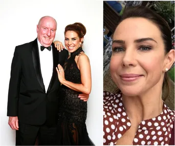 Two people in formal attire smiling, with a close-up of a woman on the right wearing a polka dot dress.
