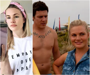 Two images: left shows a woman in a 'EMPATHY OVER APATHY' shirt and pink headband; right, a beach scene with two people.