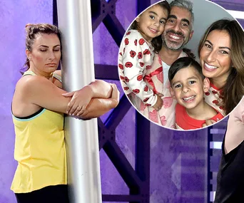 Woman in yellow shirt hugging a pole; inset family photo with two kids and two adults smiling.