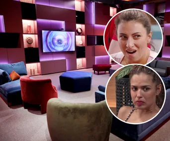 Living room with colorful seats, circular insets showing two women with different expressions from a reality show.