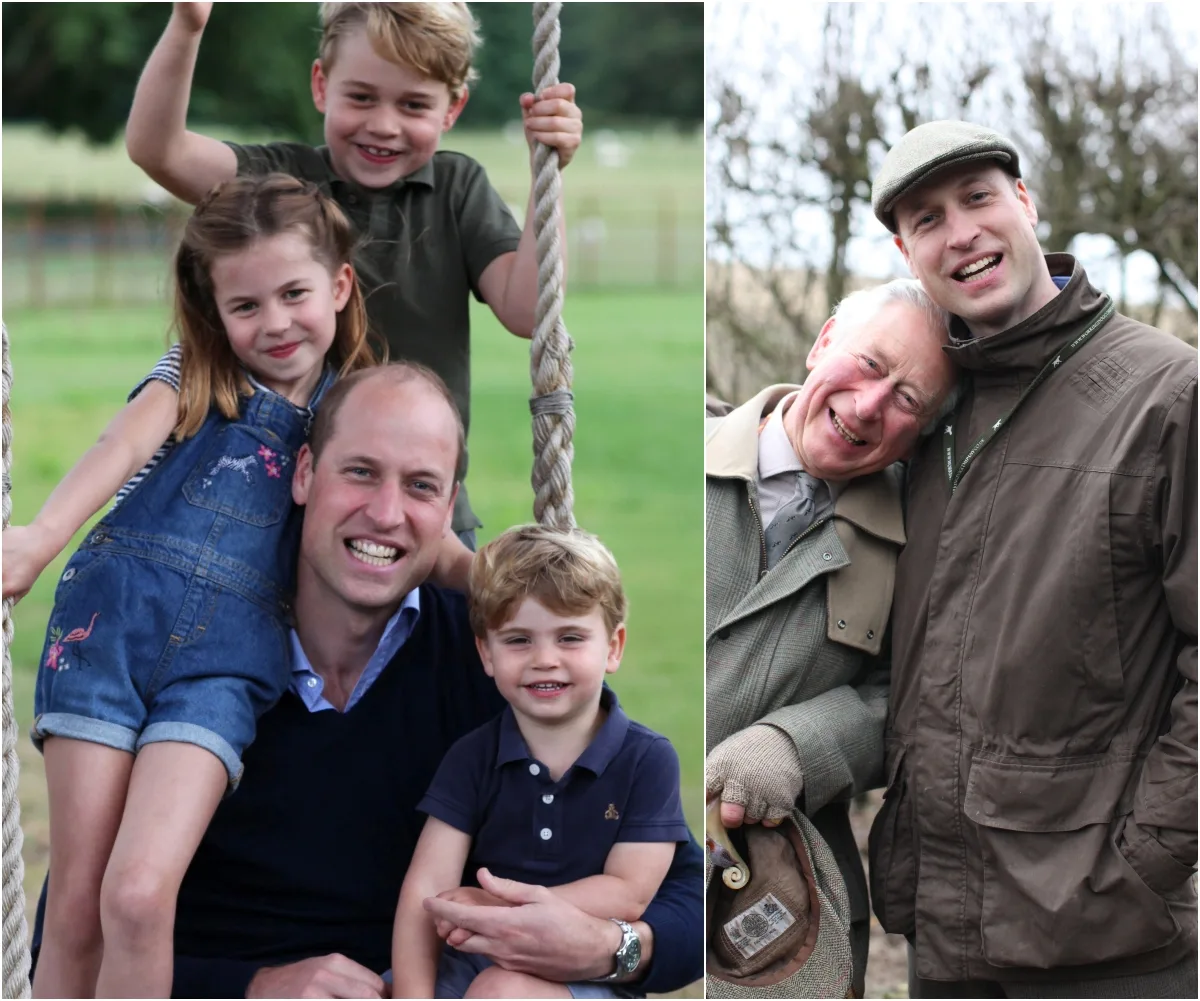 Father with three children smiling on a swing; two men in coats leaning together, smiling outdoors.