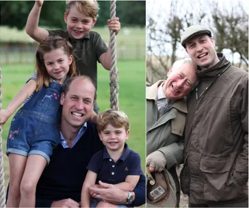 Father with three children smiling on a swing; two men in coats leaning together, smiling outdoors.