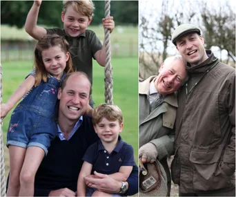 Father with three children smiling on a swing; two men in coats leaning together, smiling outdoors.