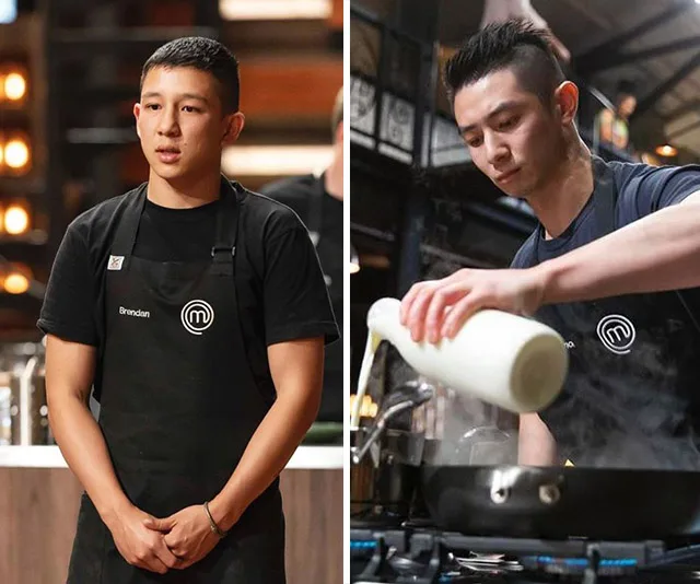 Brendan Pang and another chef cooking on MasterChef wearing black aprons with the show's logo.