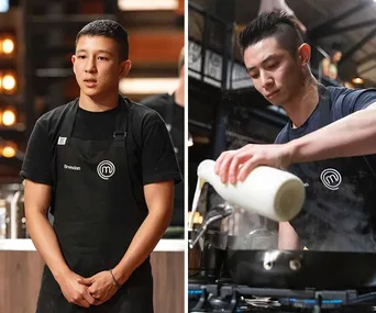Brendan Pang and another chef cooking on MasterChef wearing black aprons with the show's logo.
