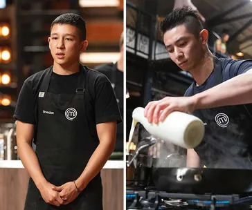 Brendan Pang and another chef cooking on MasterChef wearing black aprons with the show's logo.