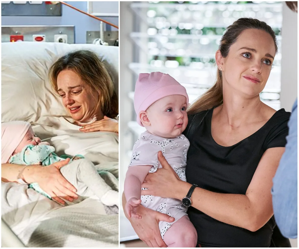 A woman in a hospital holds a baby; another woman cradles the baby indoors, wearing a pink hat.