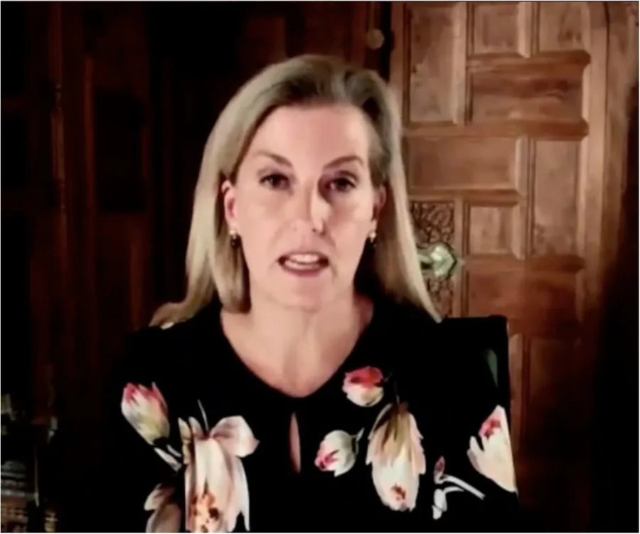 Woman speaking during an online call, wearing a floral blouse, with a wooden background.