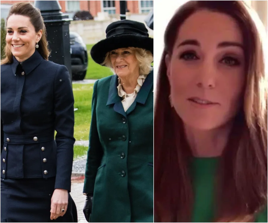 Two women in elegant attire walking outdoors and a close-up of a woman speaking in a video.