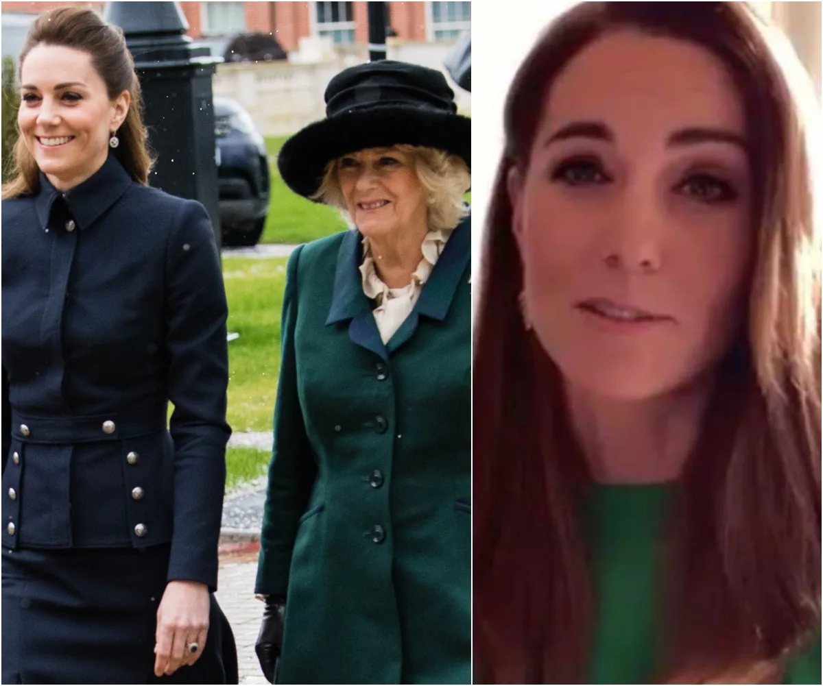 Two women in elegant attire walking outdoors and a close-up of a woman speaking in a video.