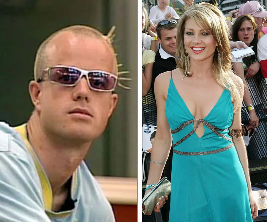 A split image shows a man with sunglasses and spiky hair on the left, and a woman in a turquoise dress on the right.