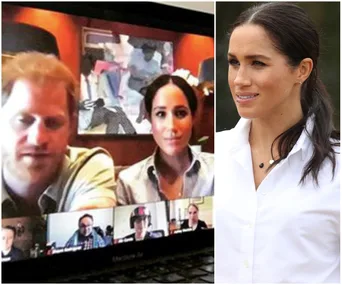 Prince Harry and Meghan Markle on a video call; Meghan also in a separate outdoor photo, smiling.