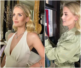 "Elegant woman in white dress poses by mirror; side profile in green dress reaching for books on shelf."