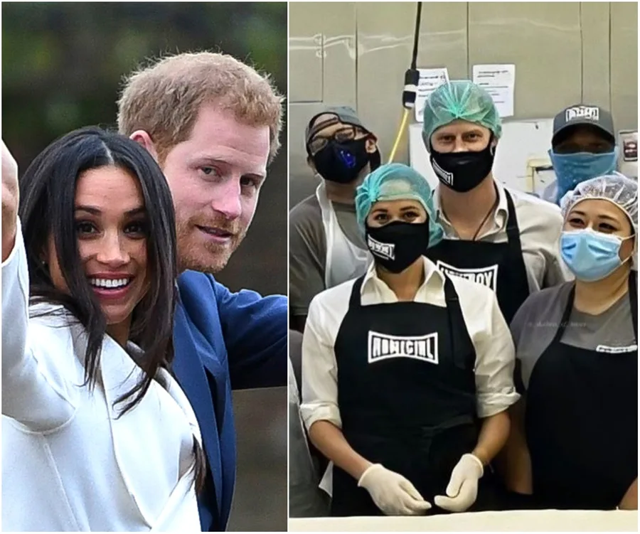 "Harry and Meghan volunteering in LA, waving and posing with staff in kitchen attire and masks."