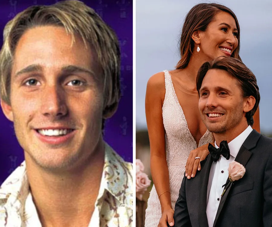 Side-by-side: young man smiling in casual shirt, couple posing at wedding with woman in white dress and man in tuxedo.