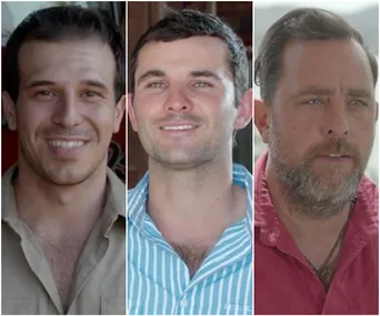 Three men smiling, each in different shirts, from "Farmer Wants a Wife" 2020 edition.
