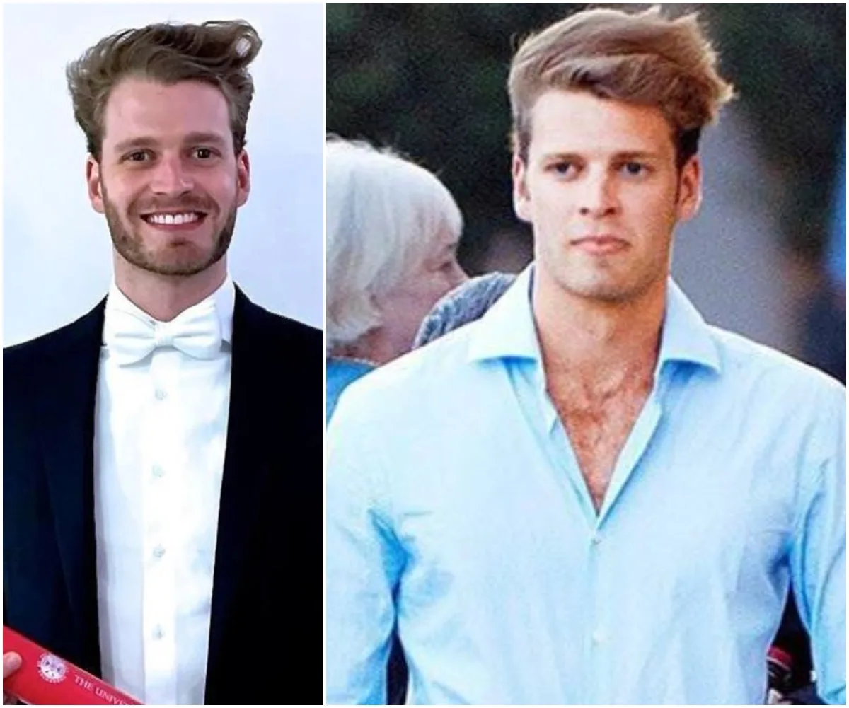Young man smiling in formal wear on the left; same man casually dressed on the right.