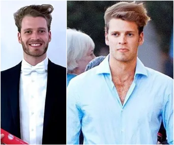 Young man smiling in formal wear on the left; same man casually dressed on the right.