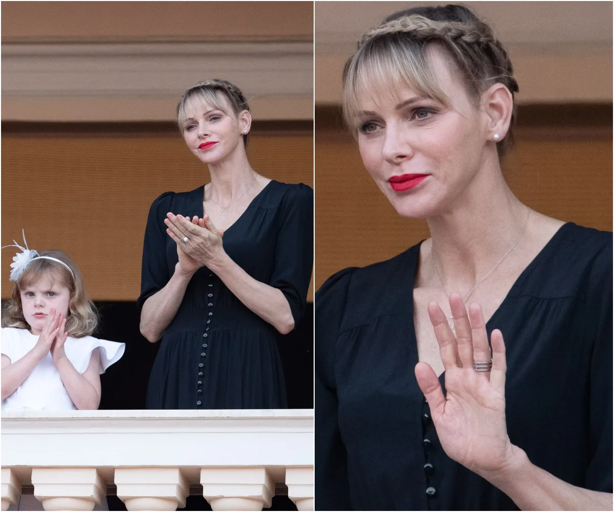 Woman and child in formal attire on a balcony, woman clapping and child with a thoughtful expression.