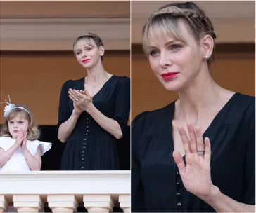 Woman and child in formal attire on a balcony, woman clapping and child with a thoughtful expression.