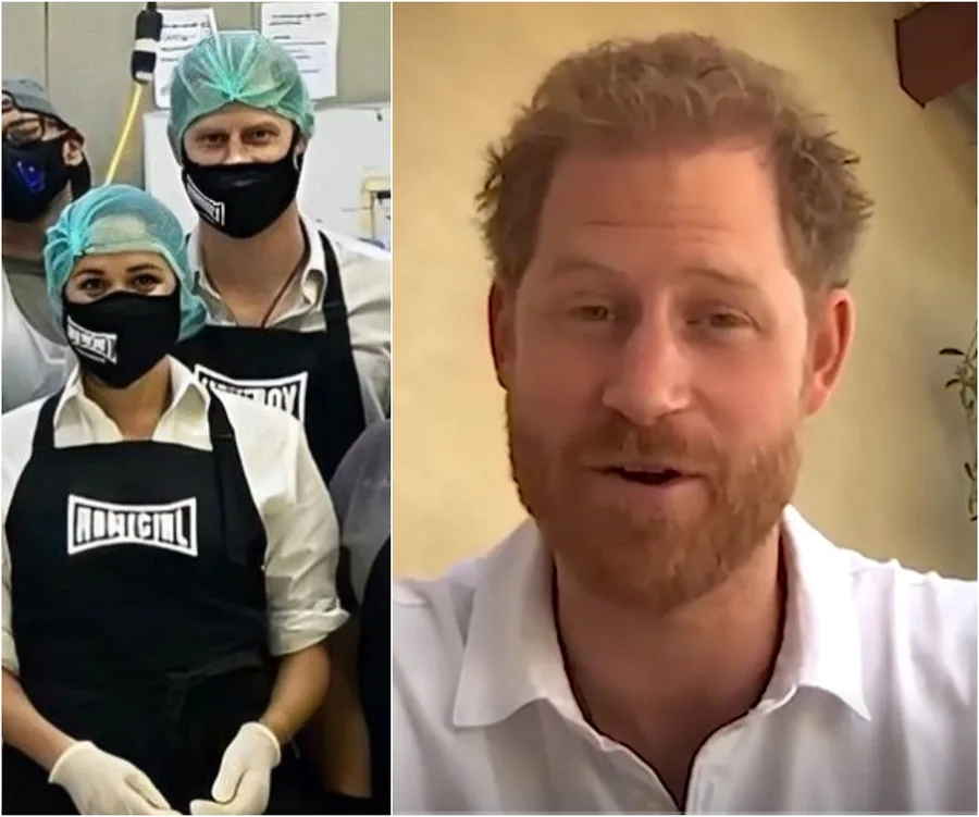 Prince Harry in a video call on the right; volunteers in masks and aprons on the left.