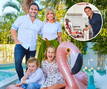Family smiling by a pool with a pink flamingo float, inset of man cooking in a kitchen.
