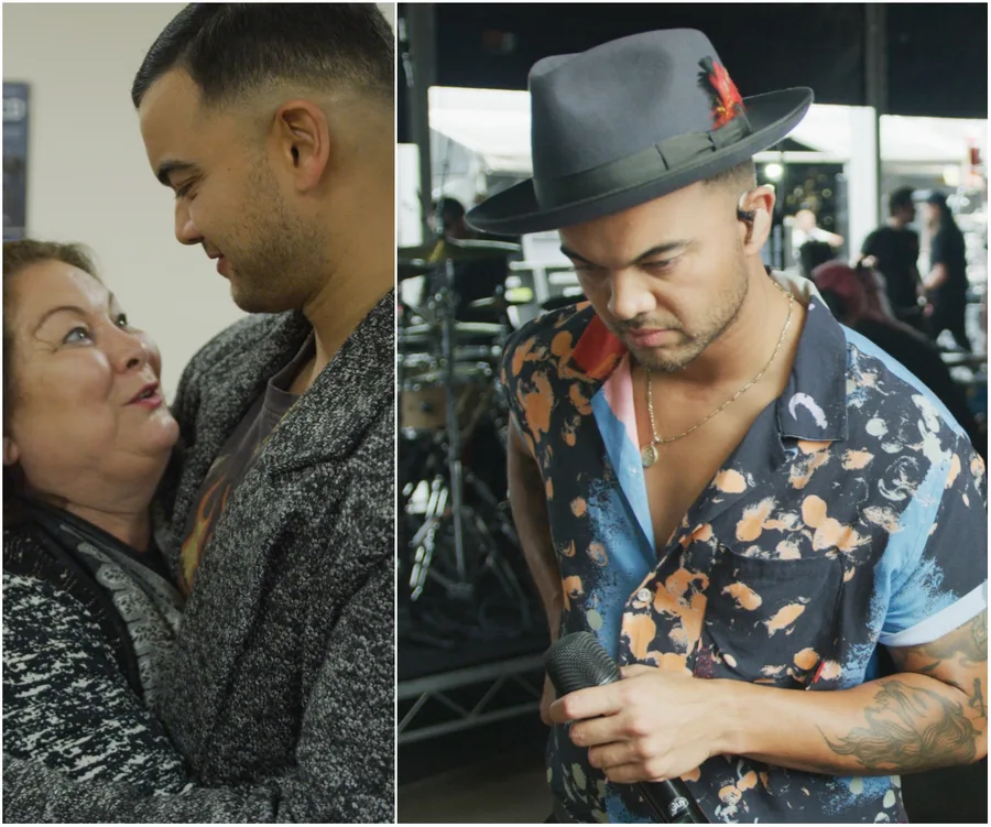 Guy Sebastian in two photos: one hugging a woman and another focused with a microphone before performing.
