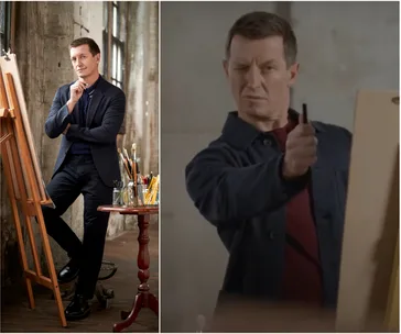 Artist at an easel, contemplating a sketch in a studio setting with art supplies on a table nearby.