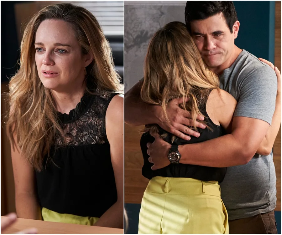 Tori looks distressed while sitting; in another shot, she embraces a comforting man.