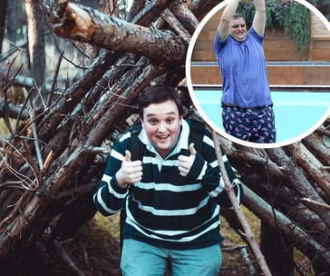 Alt text: A person giving thumbs up in front of a wooden structure, with a smaller image showing them in a pool.