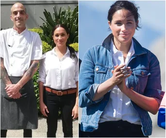Alt text: "Two photos of a woman in different outfits; on left with a chef, on right wearing a denim jacket clapping outdoors."
