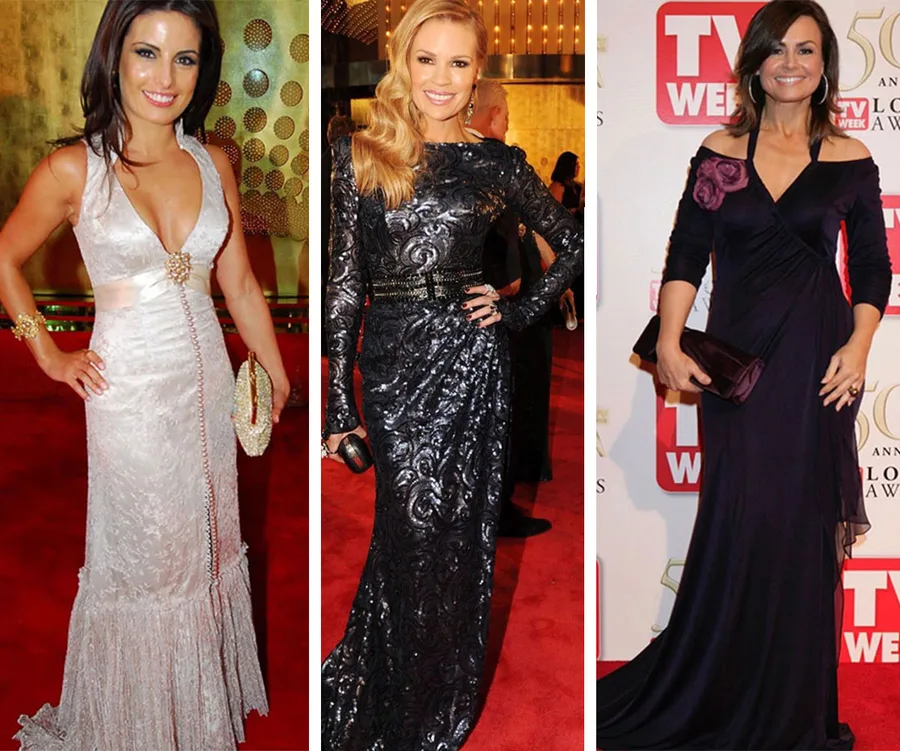 Red carpet fashion at the Logies 2020: three women in elegant evening gowns, smiling and posing for photos.