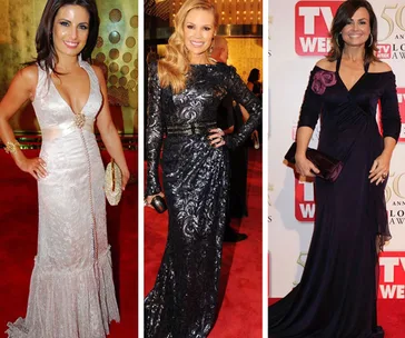 Red carpet fashion at the Logies 2020: three women in elegant evening gowns, smiling and posing for photos.