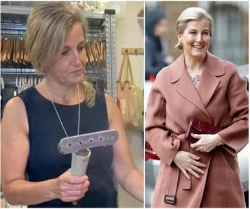 Sophie, in a blue dress, inspects a tool in one photo; in another, wears a pink coat and holds a clutch, smiling.
