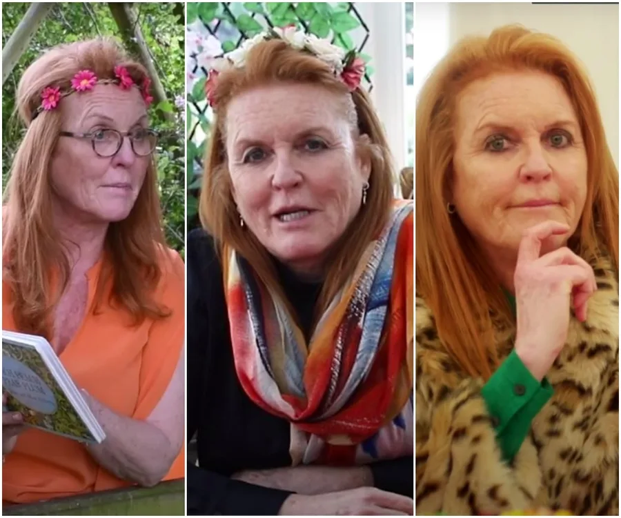 Three images of a woman with red hair and different flower headbands, indoors and outdoors, wearing diverse outfits.