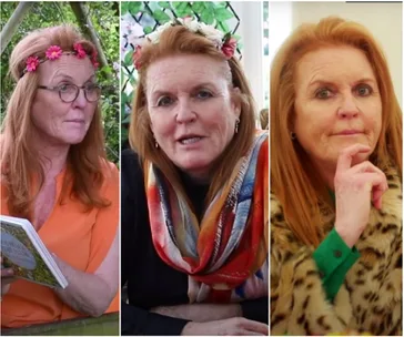 Three images of a woman with red hair and different flower headbands, indoors and outdoors, wearing diverse outfits.