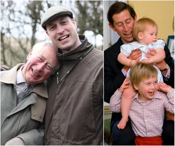 "Two photos: One of an older man and younger man smiling in outdoor wear; the other of a man holding two children, all smiling."