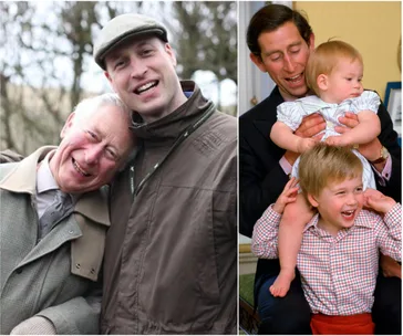 "Two photos: One of an older man and younger man smiling in outdoor wear; the other of a man holding two children, all smiling."