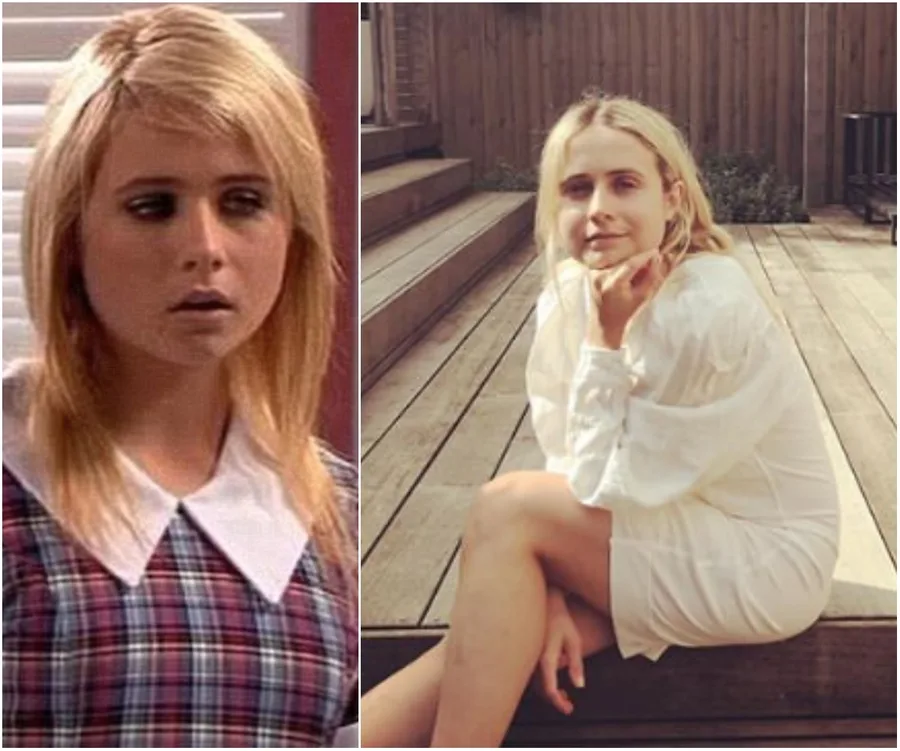 Split image: left shows a young woman in a school uniform; right shows her outdoors in casual attire.