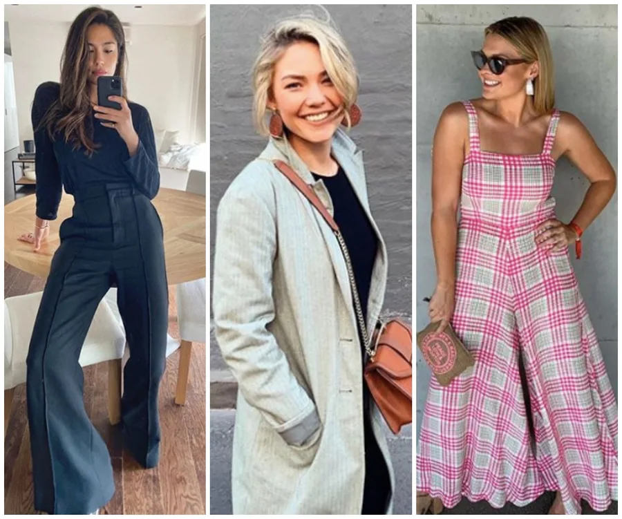 Women showcasing off-duty style with chic outfits: black ensemble, striped jacket with a bag, and pink plaid dress.