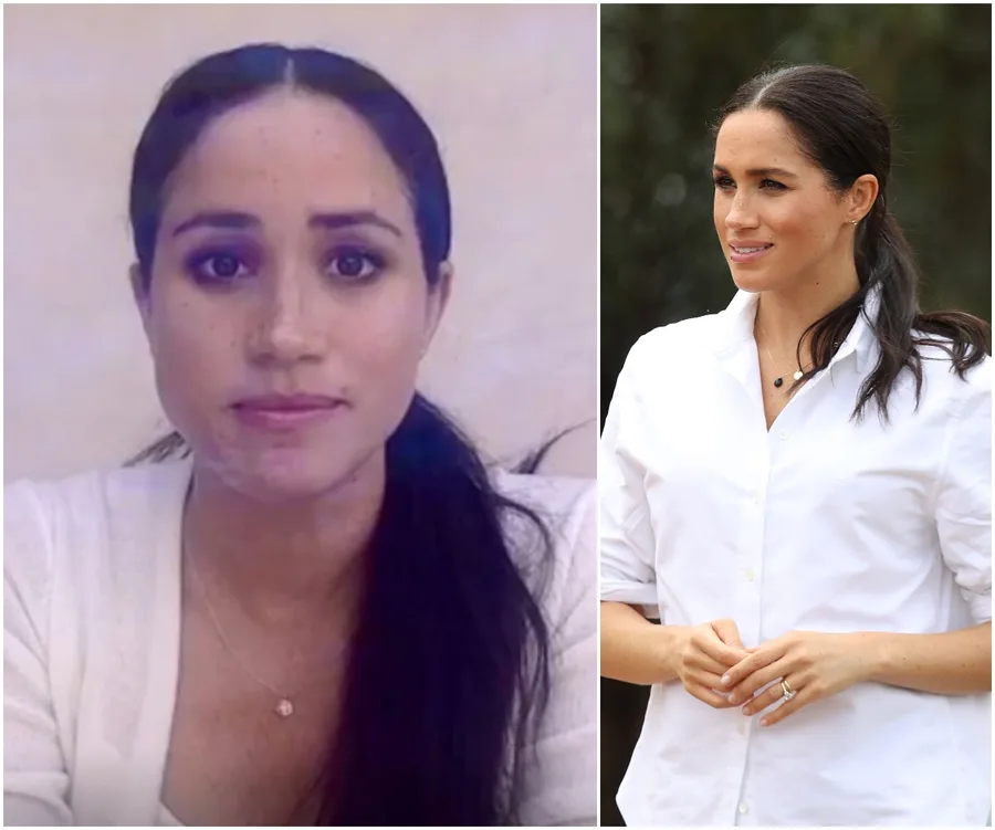 "Two images of a woman with dark hair; left: close-up, wearing a white top; right: standing in a white shirt outdoors."