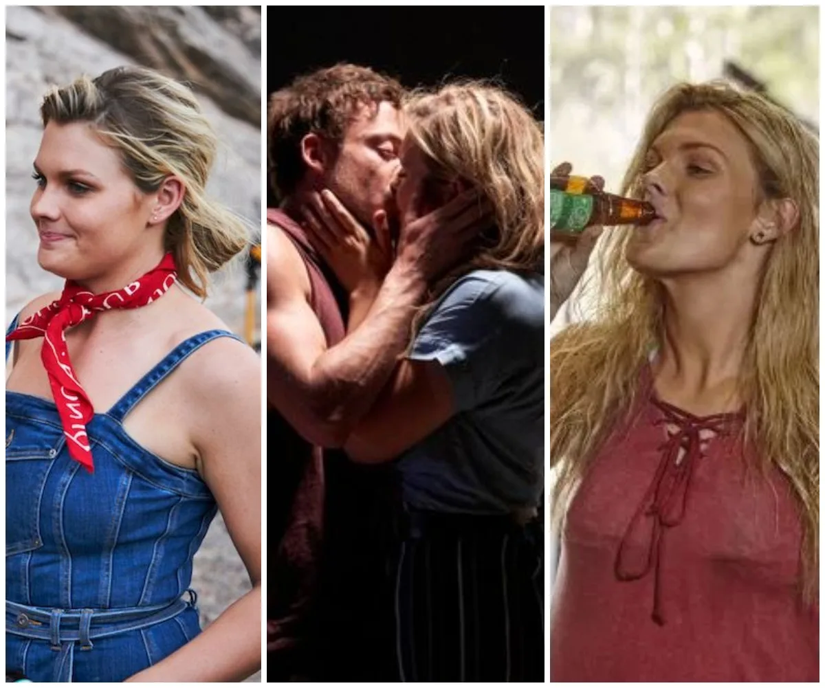 Three images of Ziggy: wearing a red scarf, kissing, and drinking from a bottle in "Home and Away" scenes.