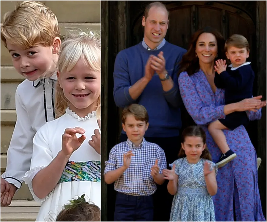 A family clapping happily outside, children and adults in formal and casual attire, standing on steps and in front of a door.